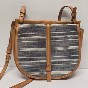 Vintage Fossil Saddle Bag Boho Crossbody In Tan Leather And Striped Canvas